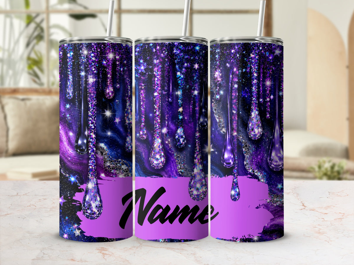 Tumblers with purple galaxy drip design and editable "Name" text.