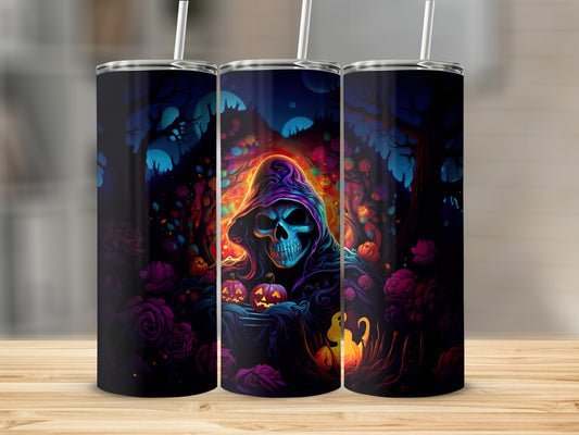 Grim reaper with glowing eyes and pumpkins on a dark floral and tree background.