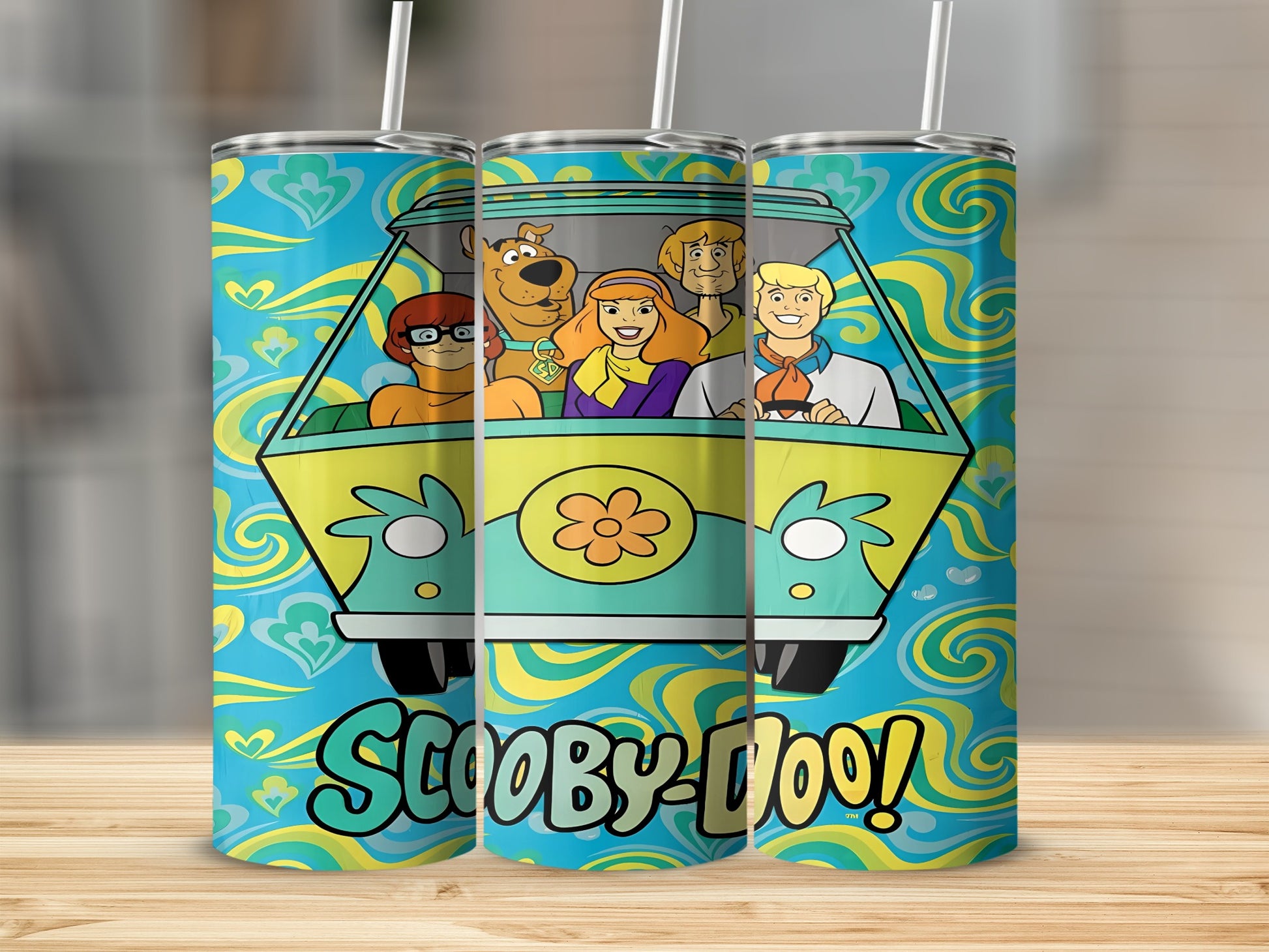 Scooby-Doo gang in the Mystery Machine with swirling blue and yellow pattern.