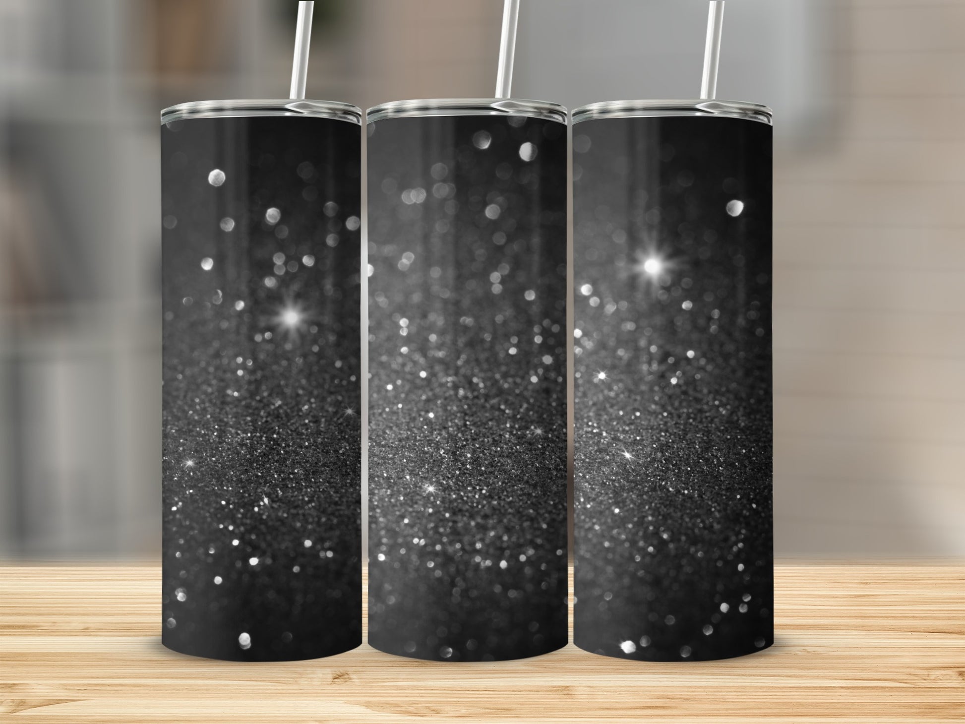 Sparkling Black Glitter Tumbler with Straw