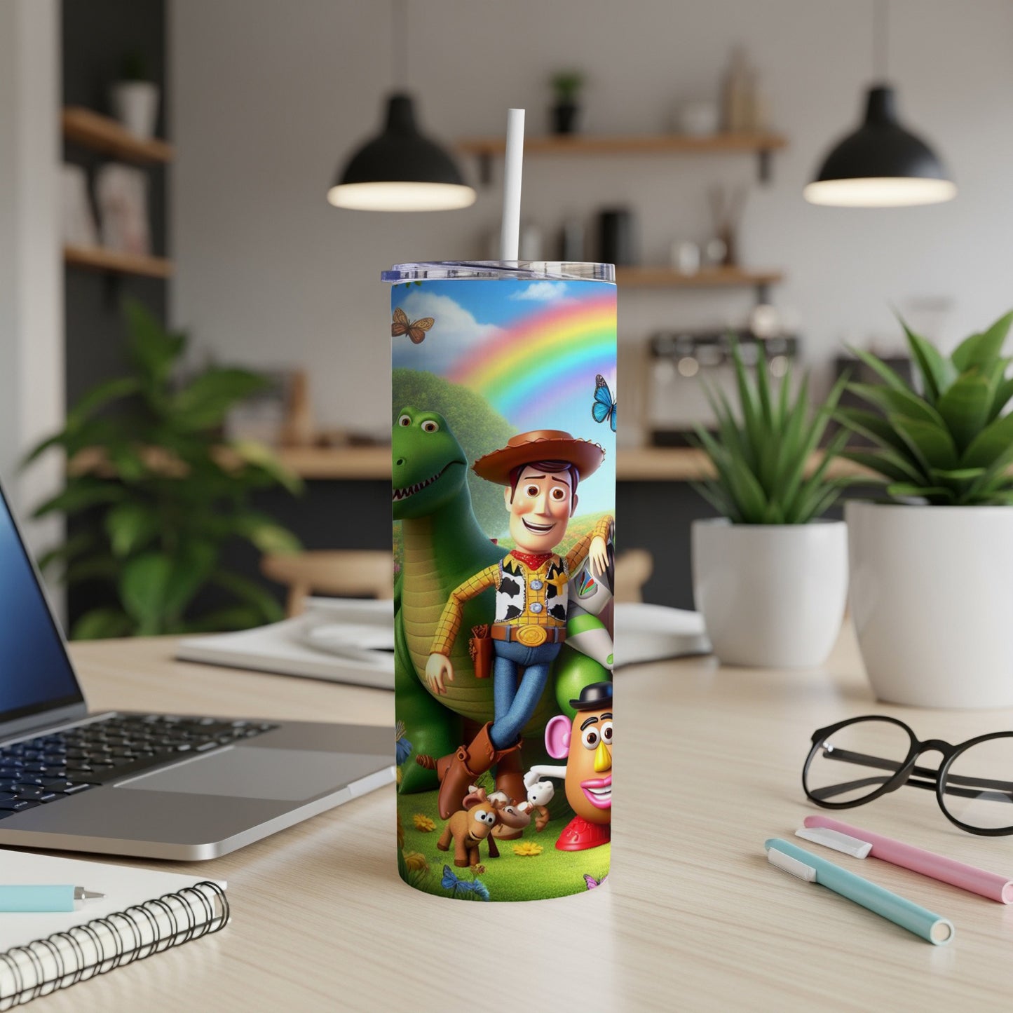 Toy Story characters Woody, Rex, and Mr. Potato Head on a tumbler.