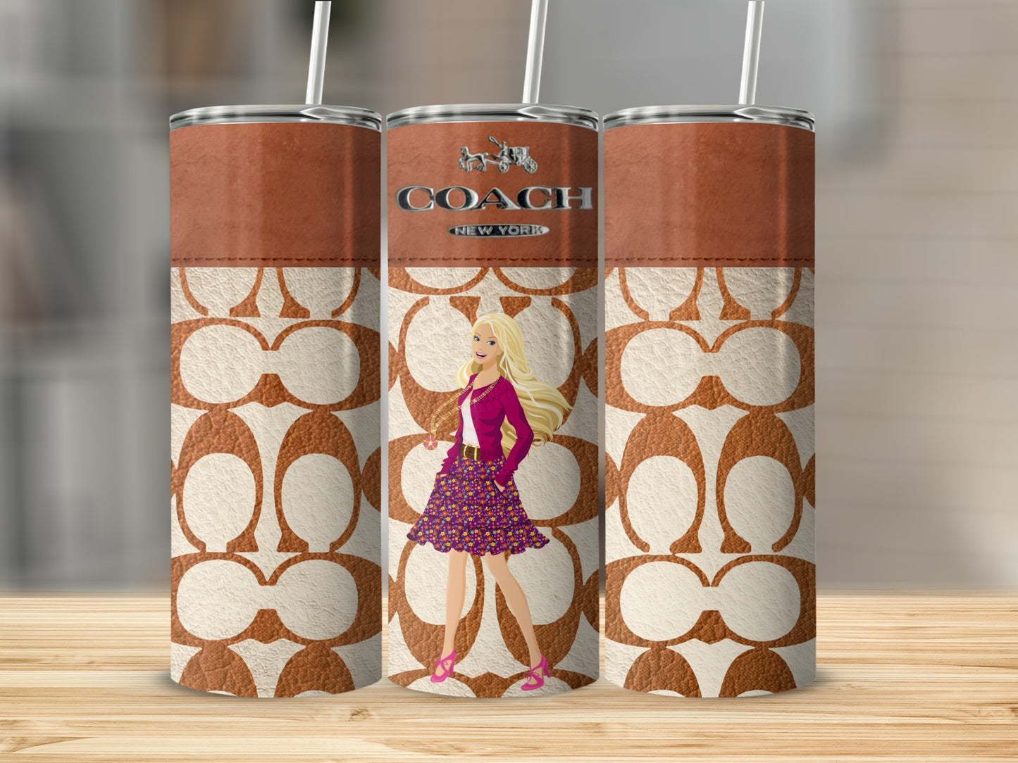 Three tumblers with Barbie, Coach logo, and repeating Coach 'C' pattern.