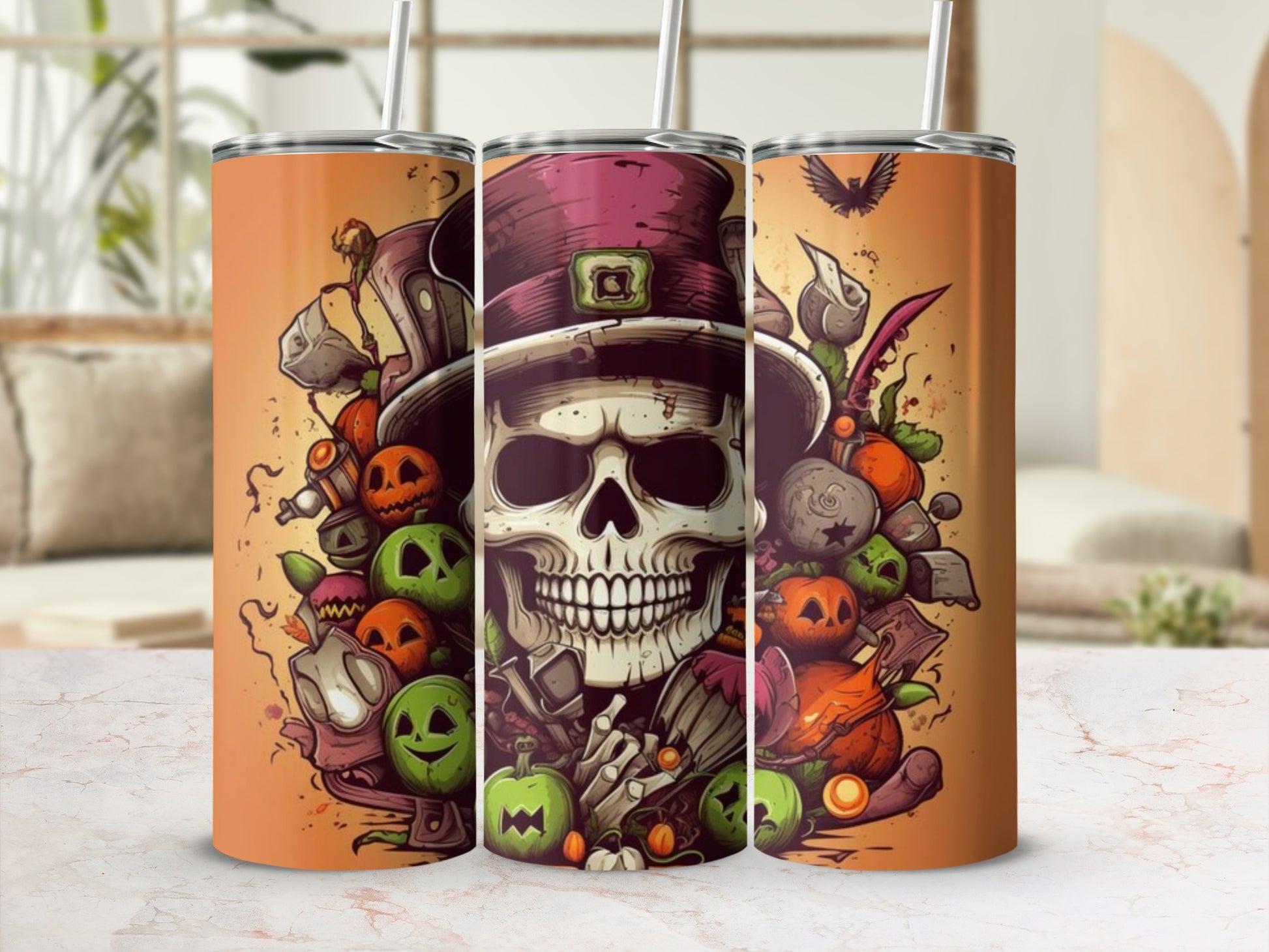 Halloween tumbler with a skull, pumpkins, and a crow design.