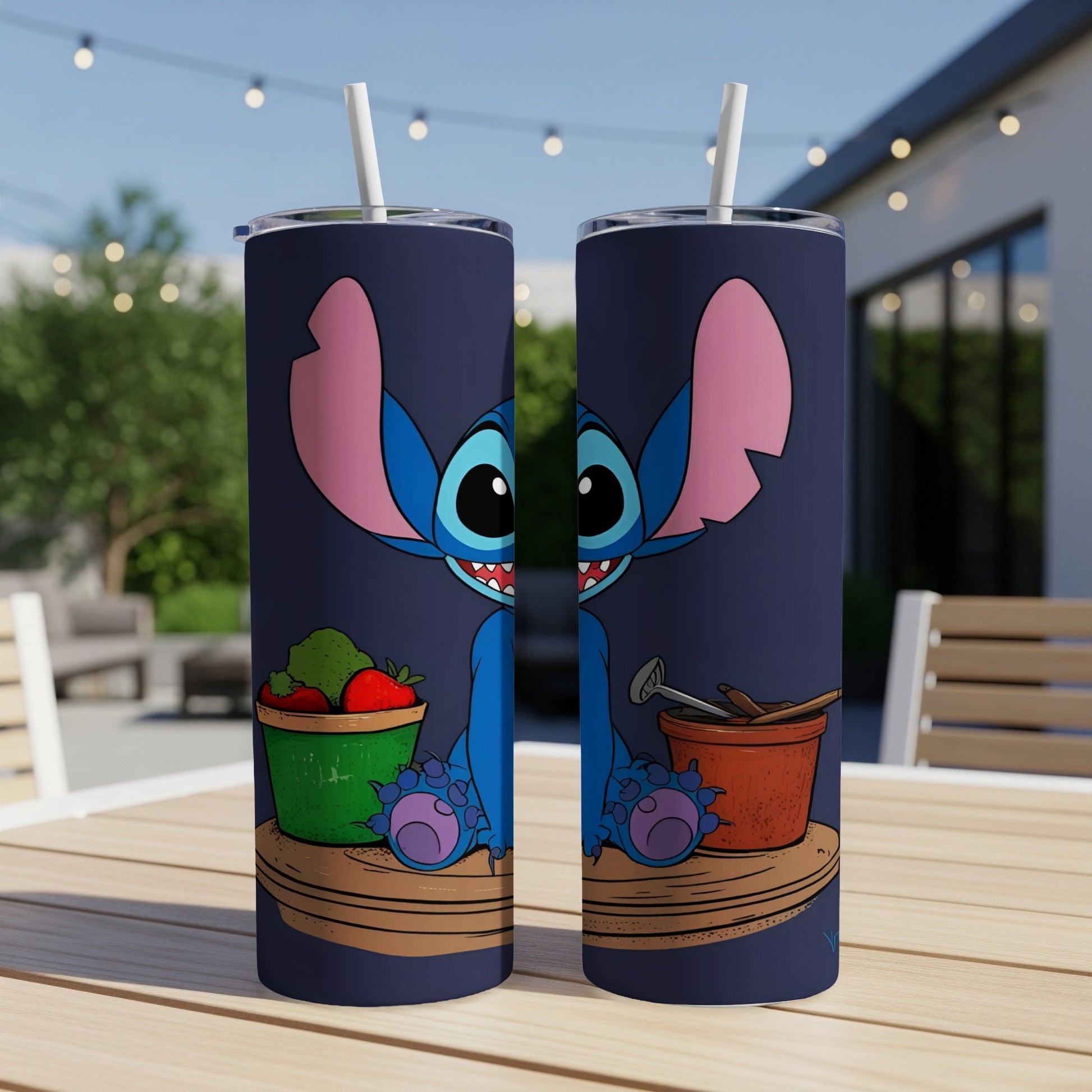 Blue Stitch character with potted plants on a dark blue tumbler.