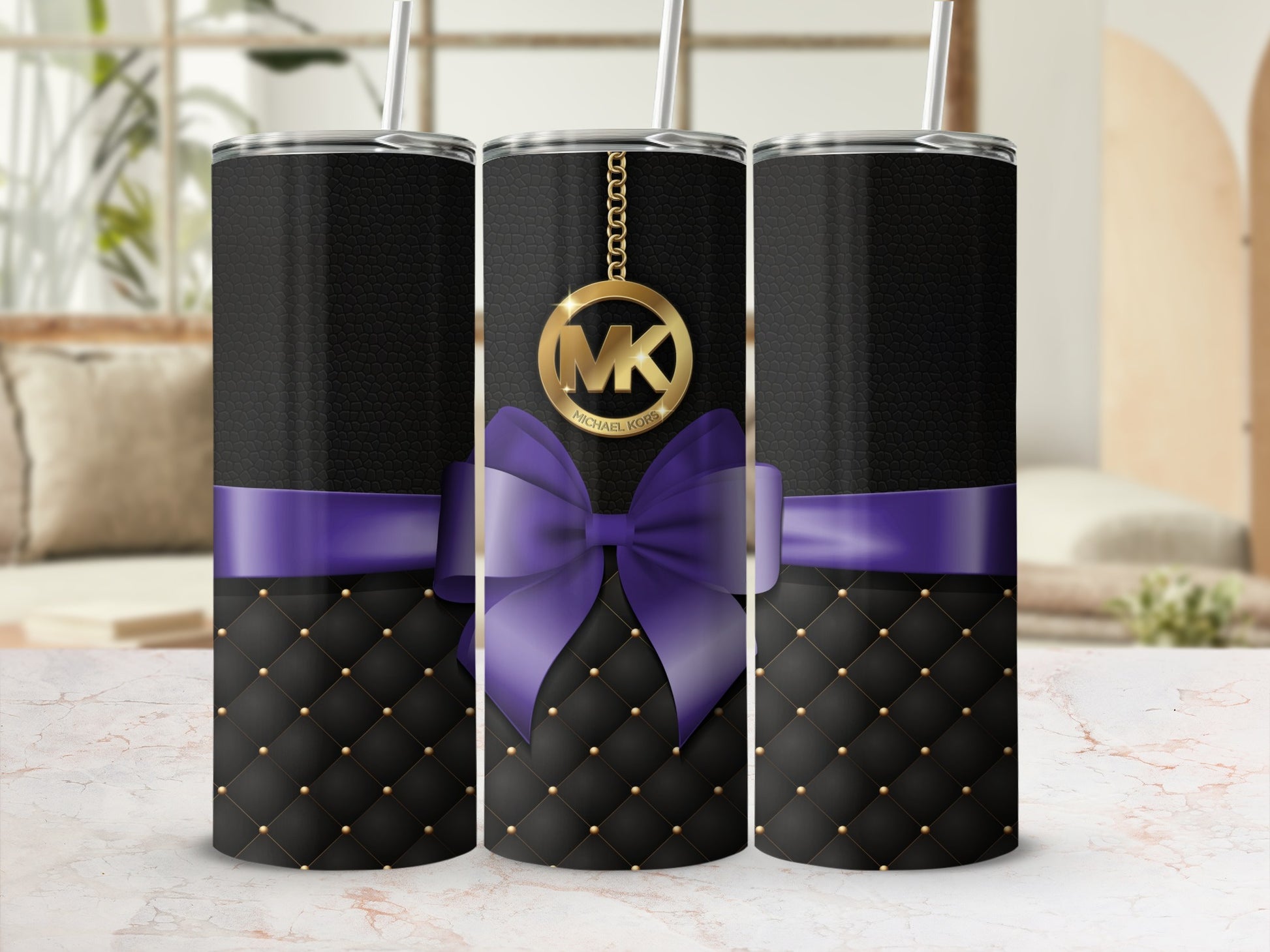 Elegant Black and Purple Design Tumbler with Gold Accents