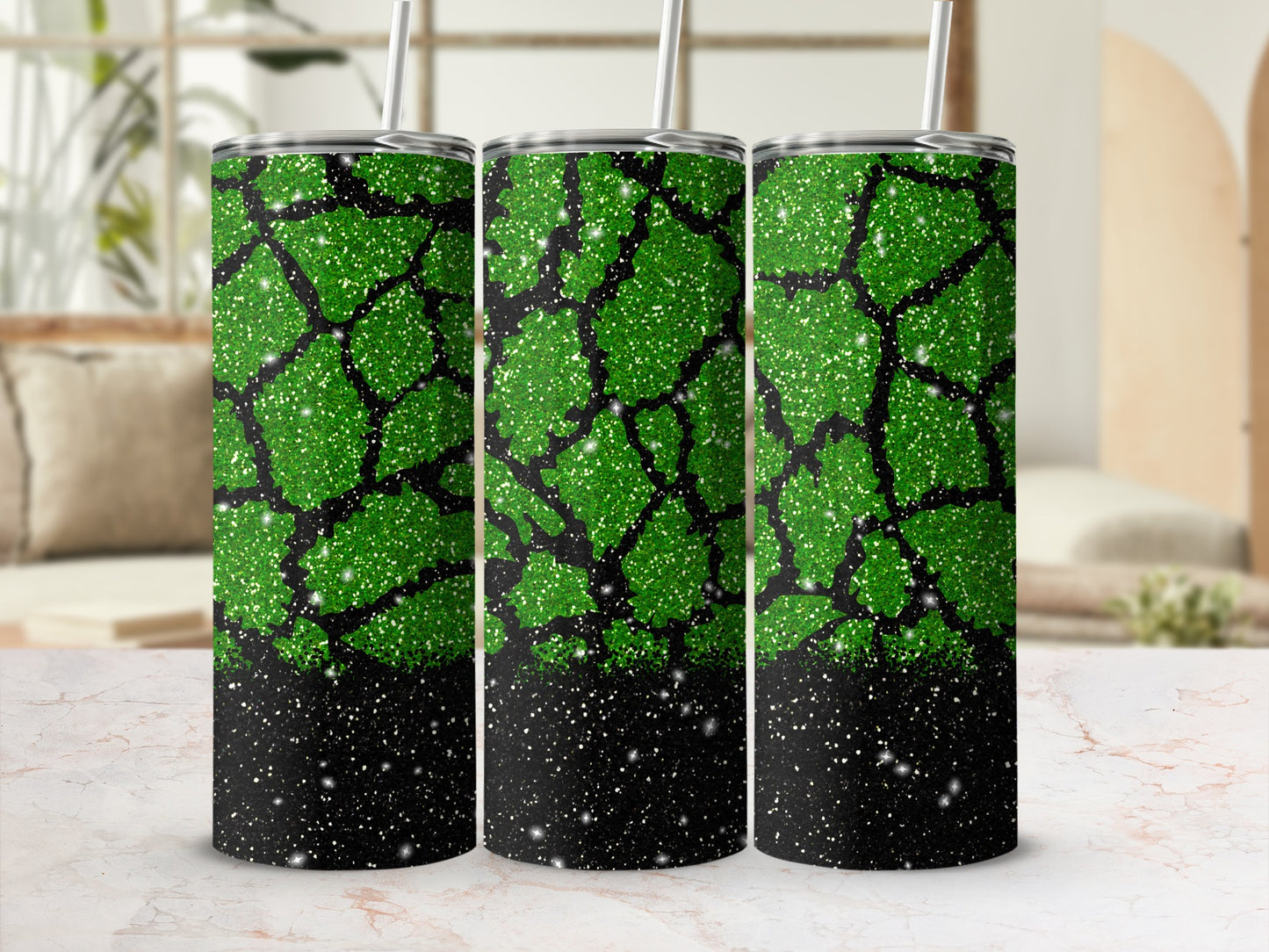 Green glitter tumbler with black speckled bottom.