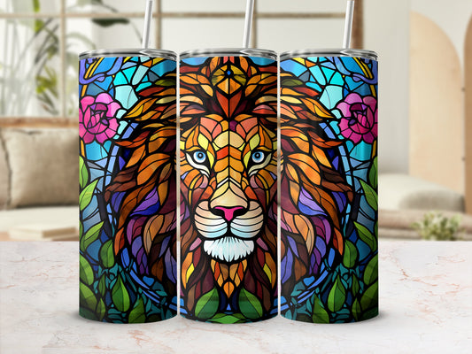 Stained glass lion with floral accents on three tumblers.