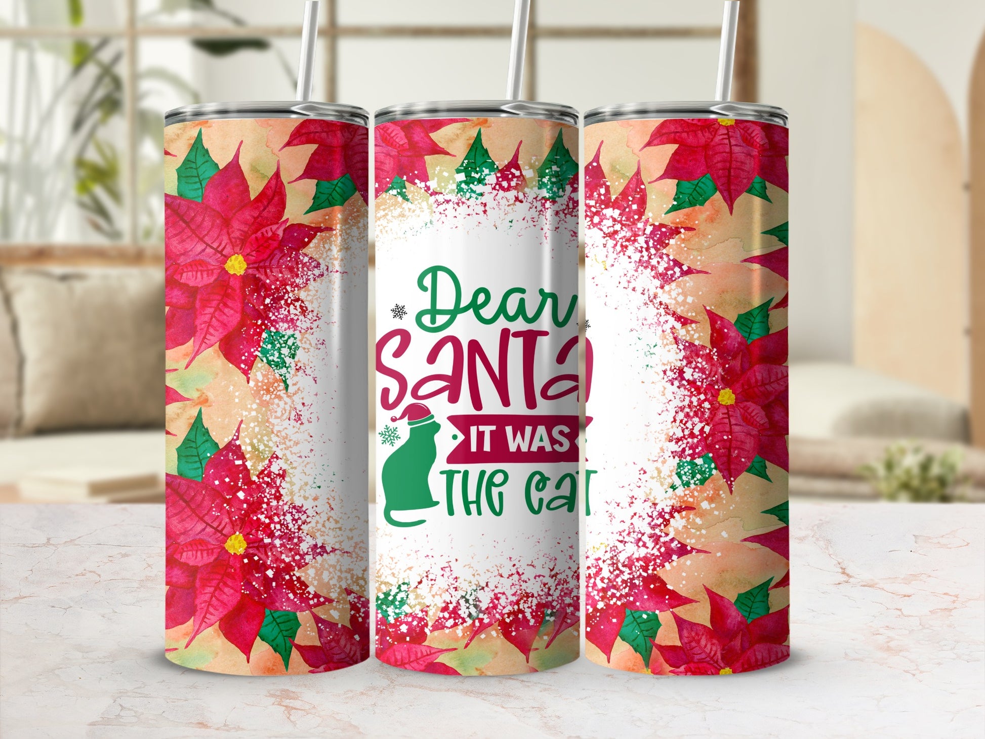 Christmas poinsettias and glitter with "Dear Santa it was the cat" text.
