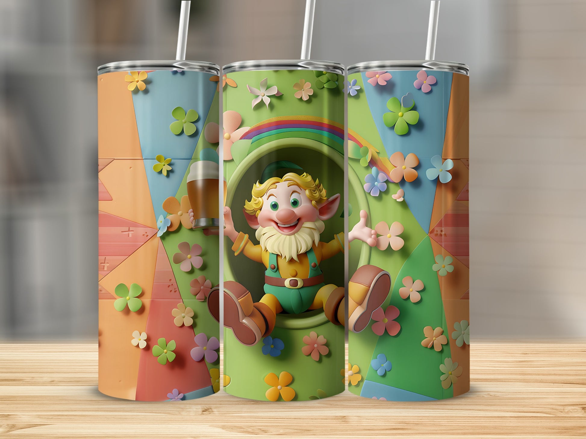 Leprechaun sitting in a rainbow arch with floral decorations.