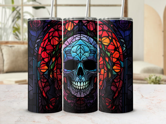 Gothic stained-glass skull design on a tumbler.