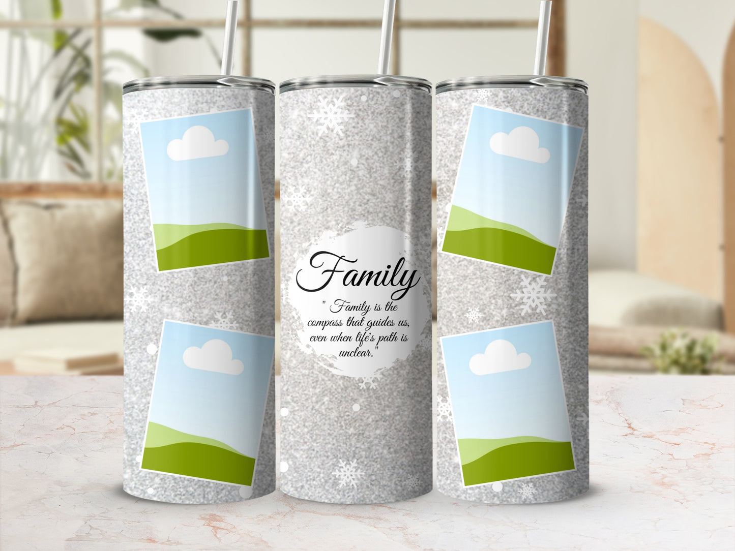 Tumbler with glitter design, snowflakes, and "Family" quote.