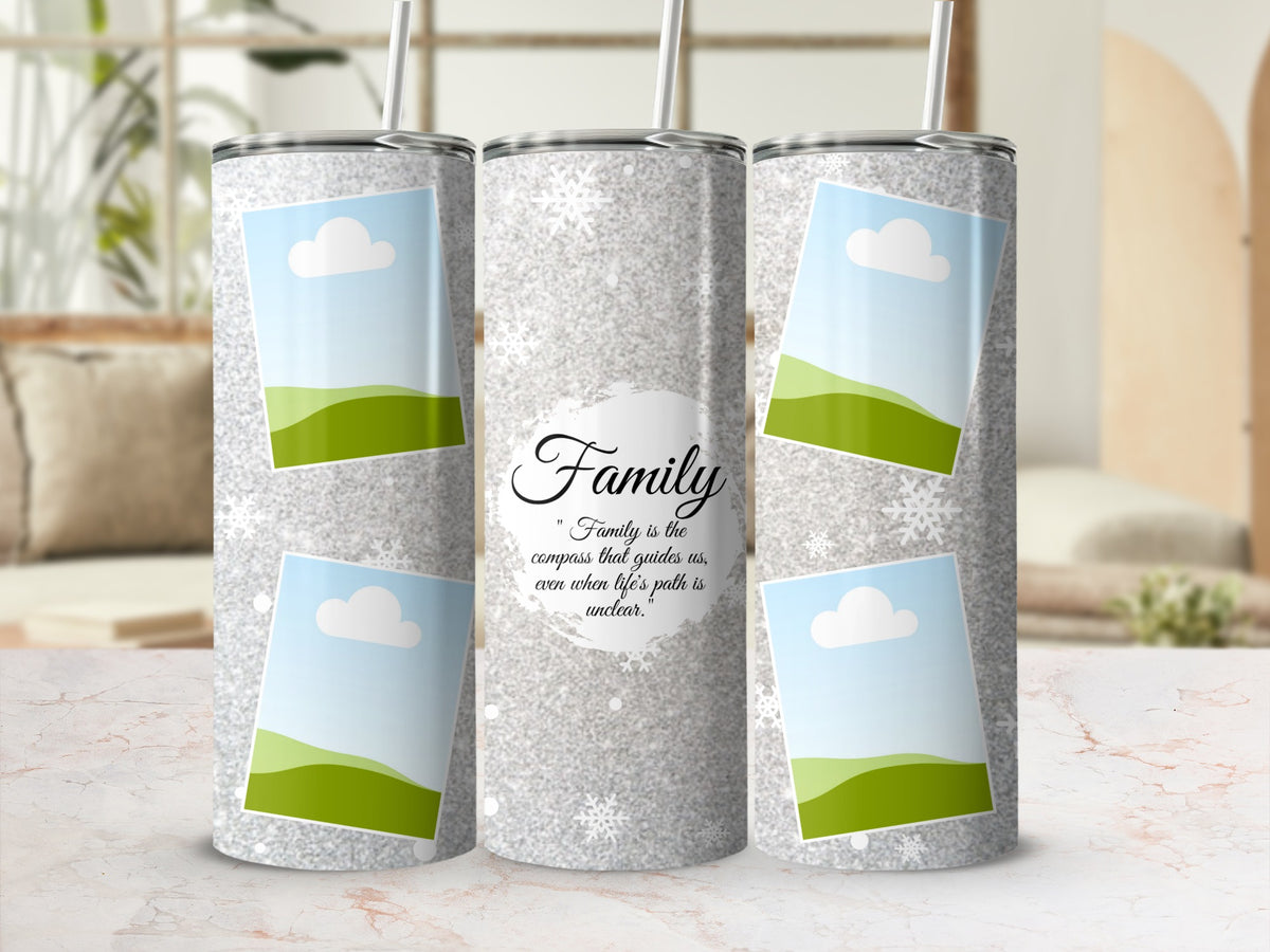 Tumbler with glitter design, snowflakes, and "Family" quote.