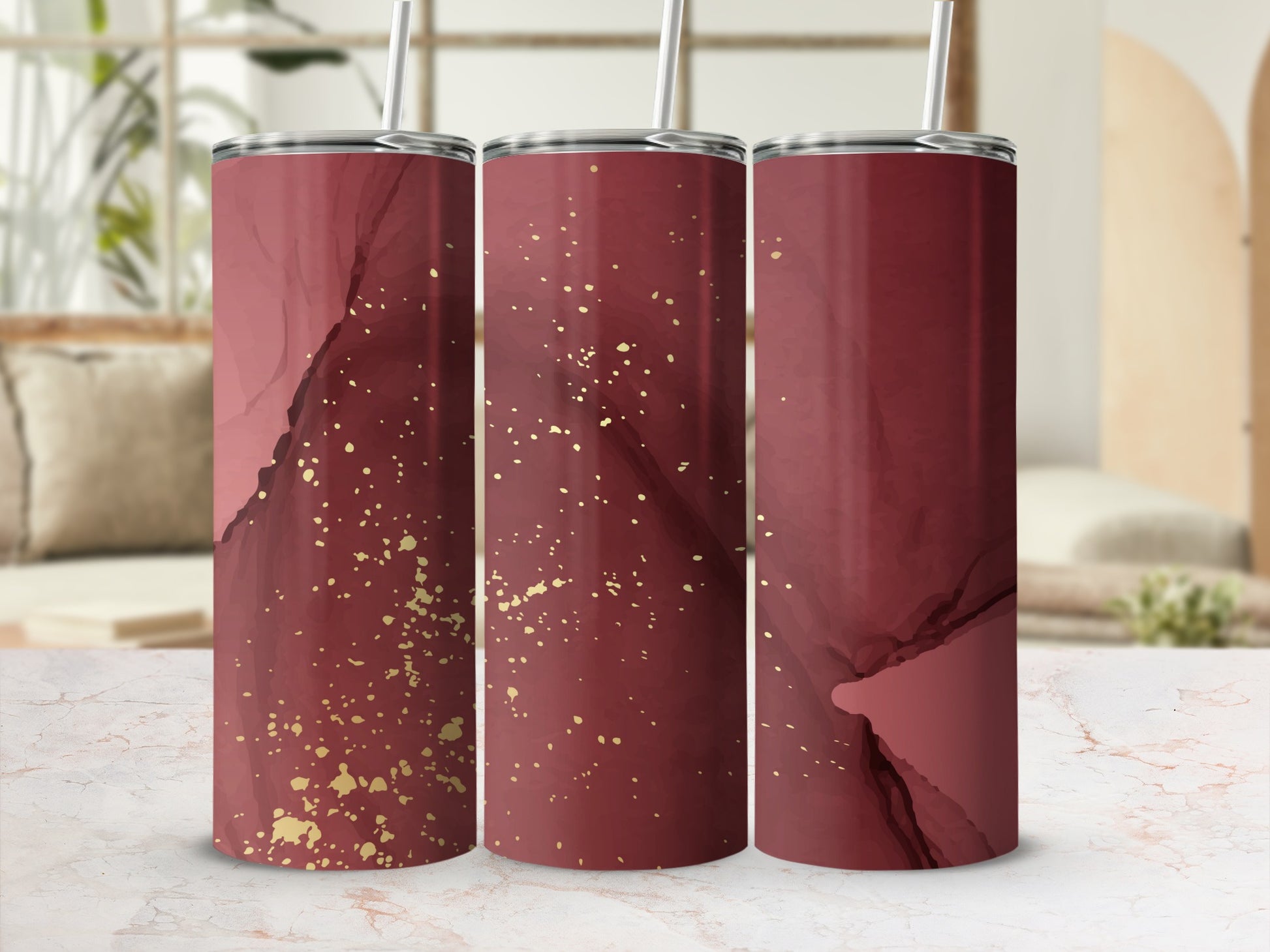 Maroon tumbler with gold glitter accents, shown in a triptych.