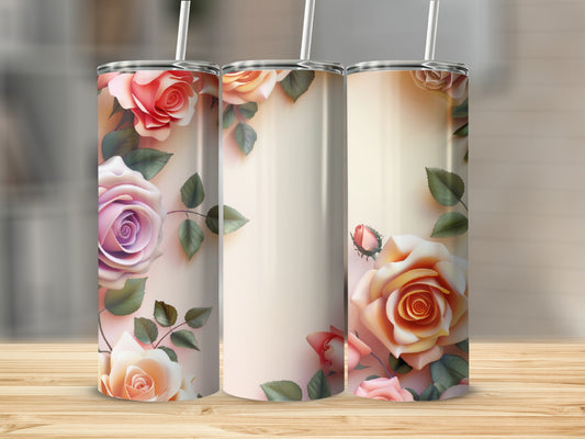 Three tumblers with floral rose designs on a wooden surface.