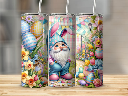 Easter gnome with balloons, flowers, and pastel banner decorations on tumblers.