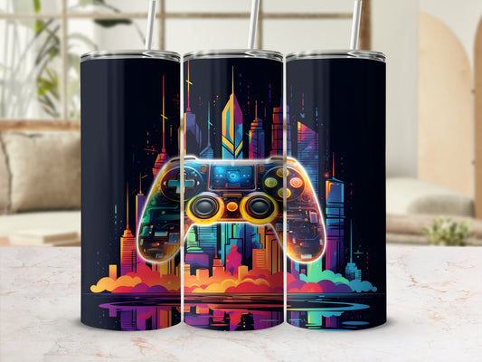 Triptych of tumblers with a neon video game controller and city skyline design.