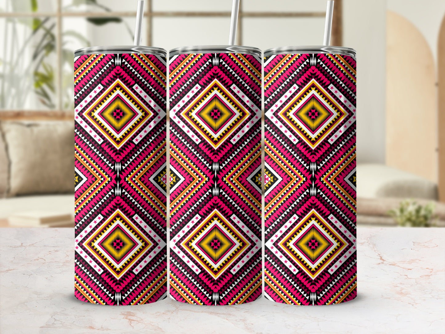 Colorful Geometric Patterned Stainless Steel Tumbler