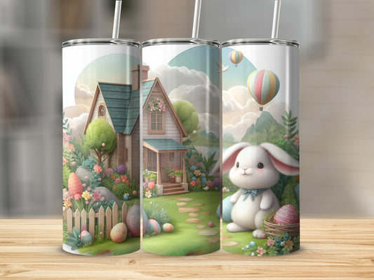 Easter bunny with basket and eggs on path leading to a charming cottage.