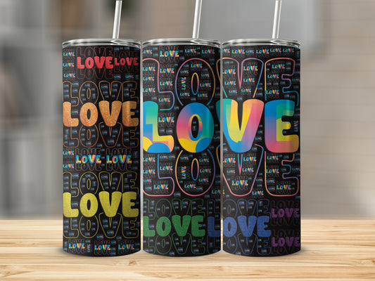 Three tumblers with black background covered in repeating colorful "LOVE" text.