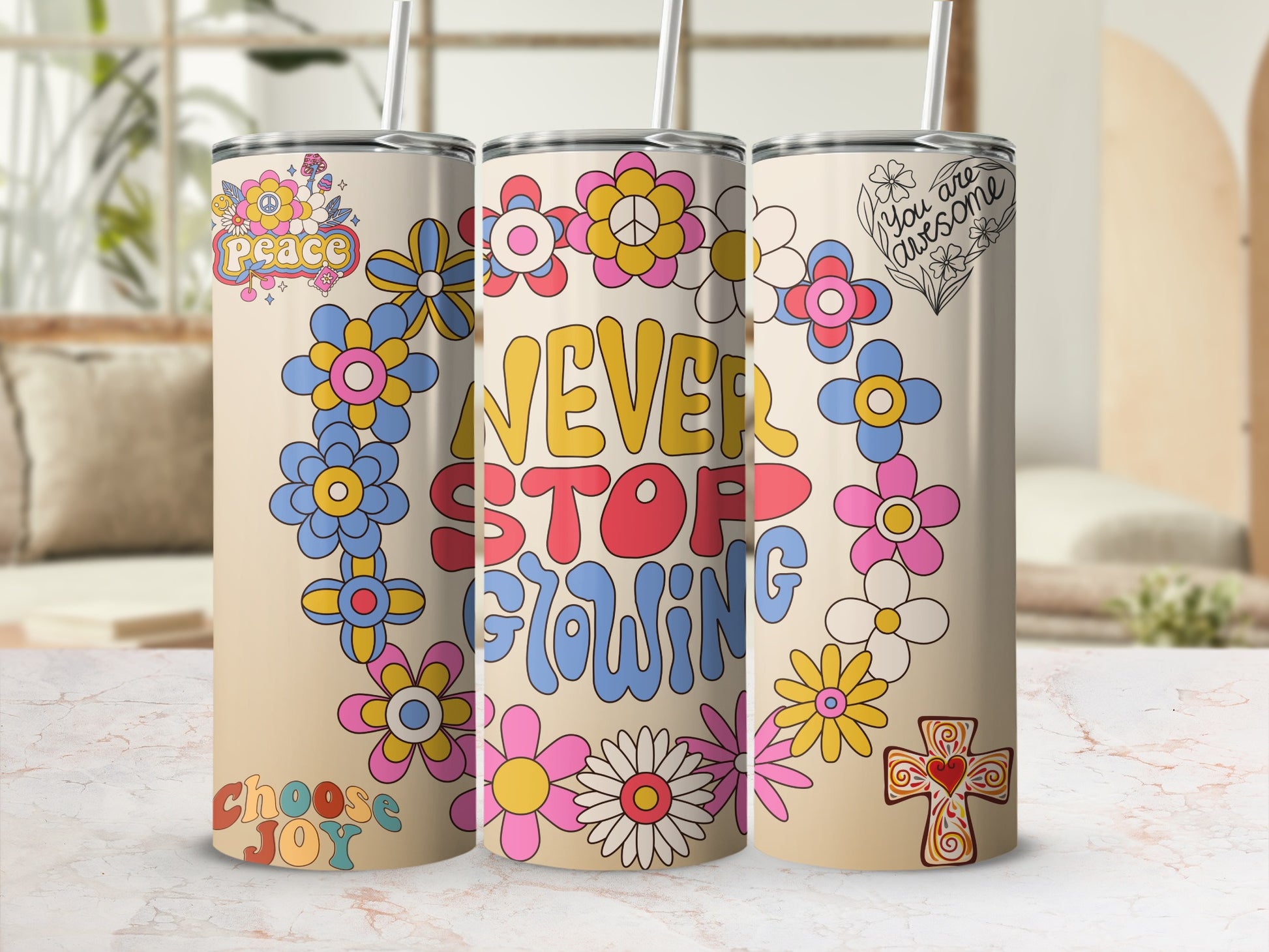 Colorful Retro Insulated Tumblers with Positive Messages