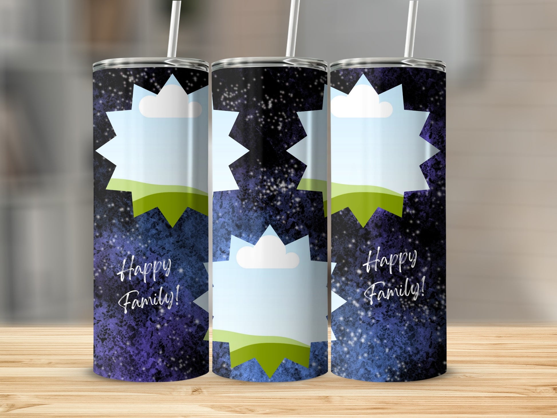 Three tumblers with a starry night background and "Happy Family!" text.