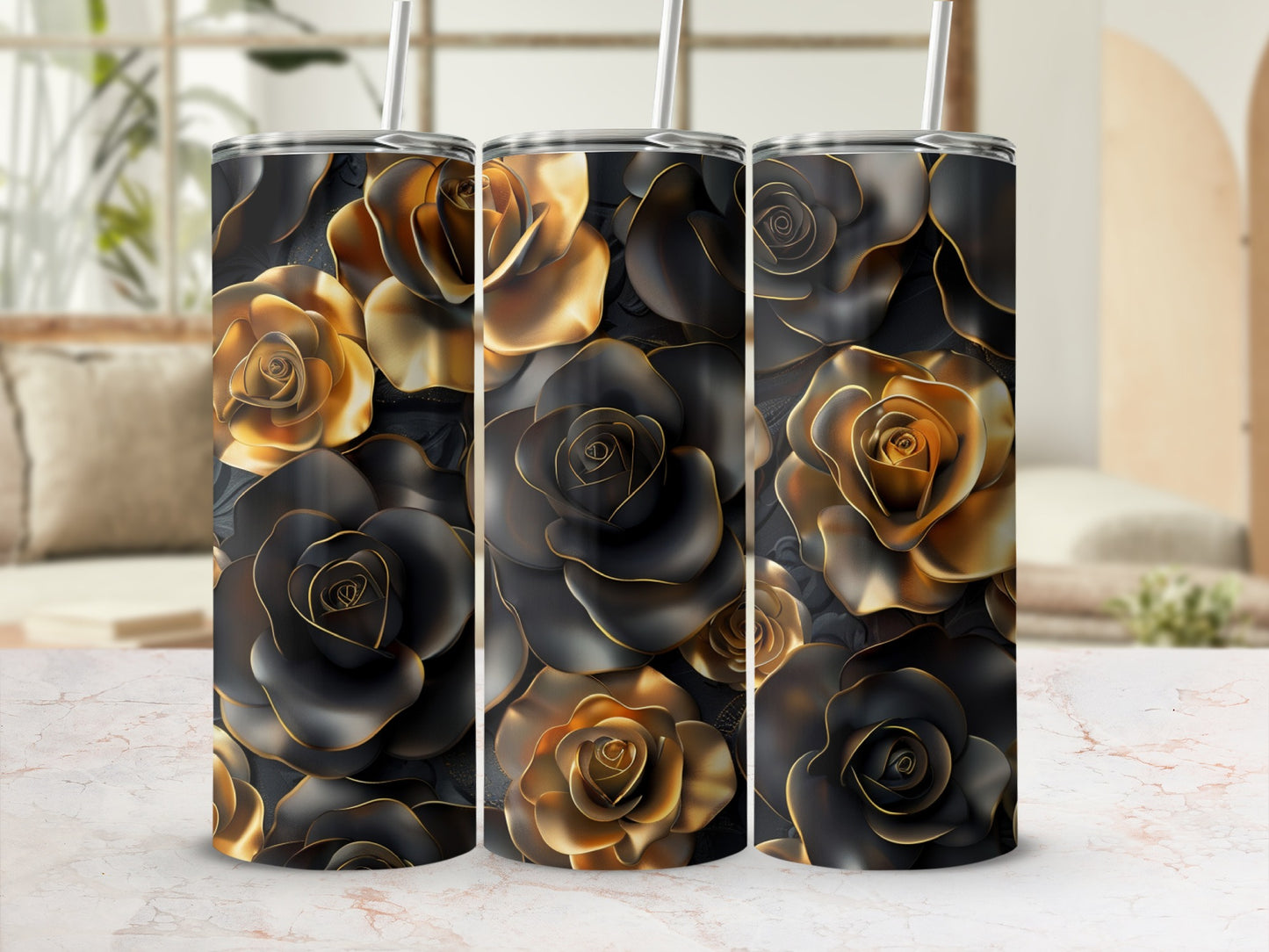 Three tumblers with a black and gold rose floral design.