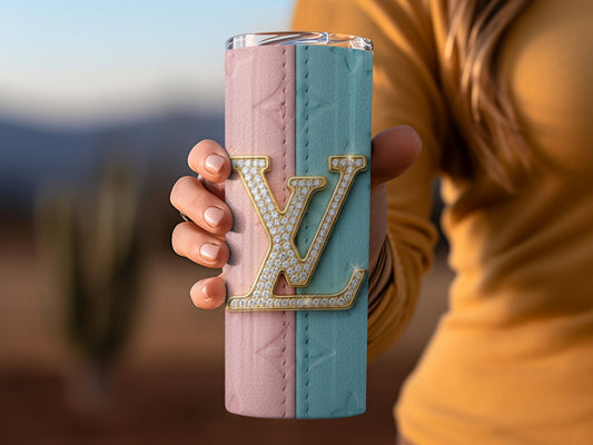 Elegant Blue and Pink Insulated Tumbler with Monogram Design