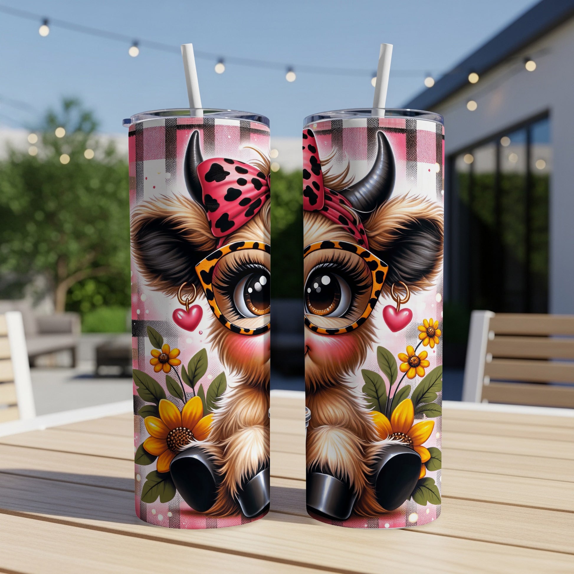 Pink gingham tumbler with cute cartoon cow wearing glasses and bow.