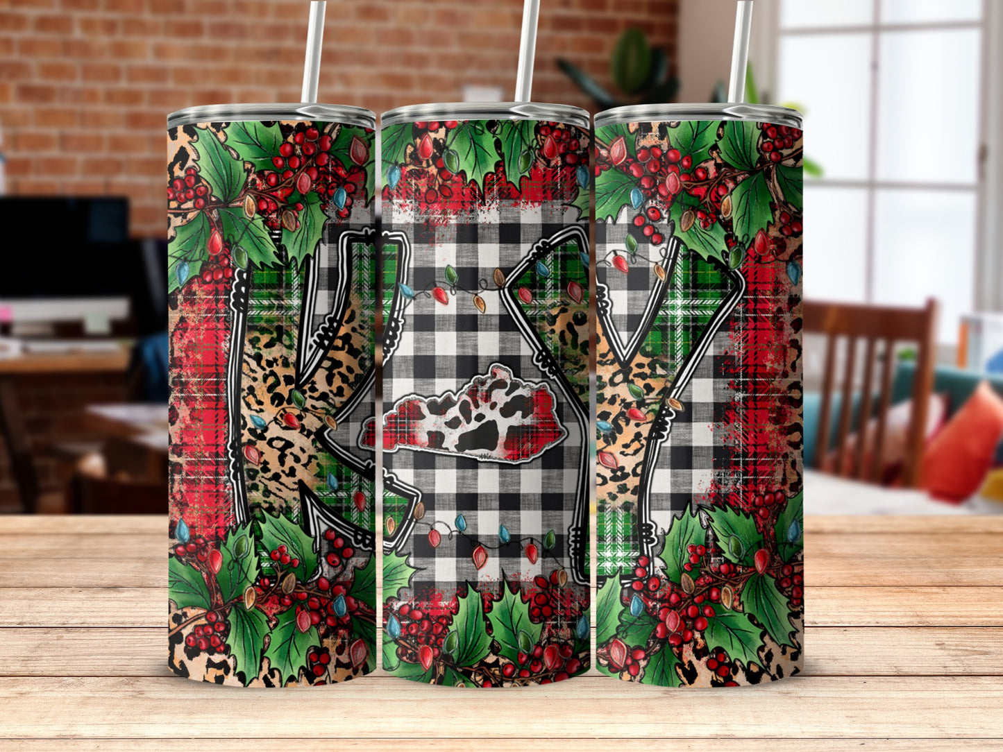 Kentucky-shaped tumbler with buffalo plaid, leopard print, and holly accents.