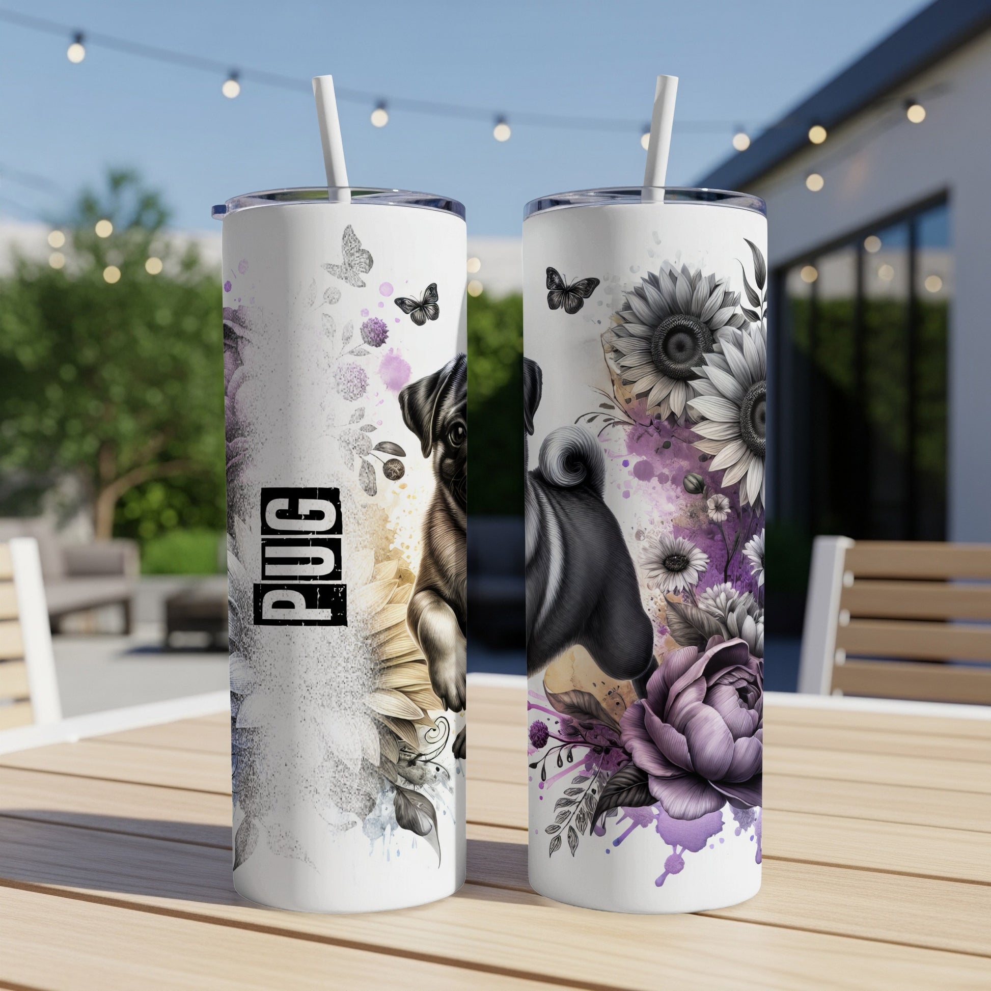 Tumbler with pug and floral design, reading "Pug".