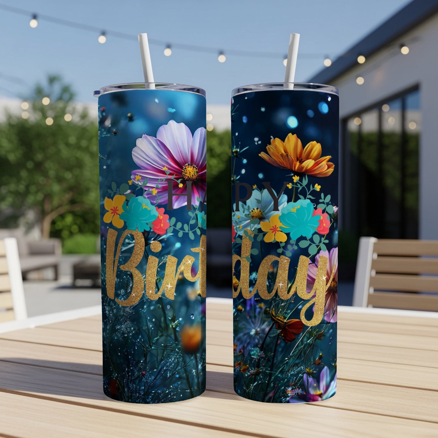 Floral birthday tumbler with gold glitter text against dark background.
