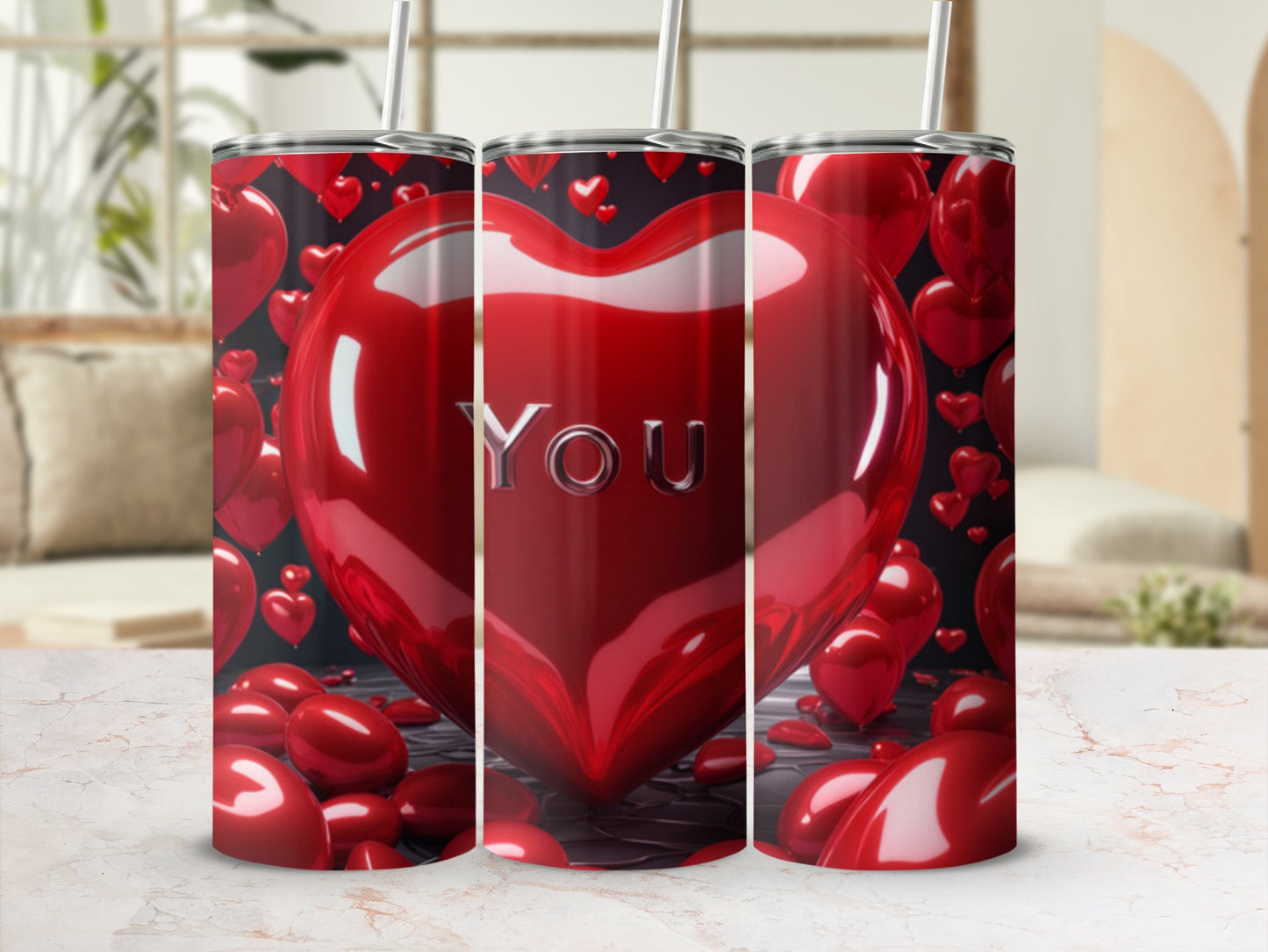 Red heart with "YOU" text on a tumbler, surrounded by hearts.