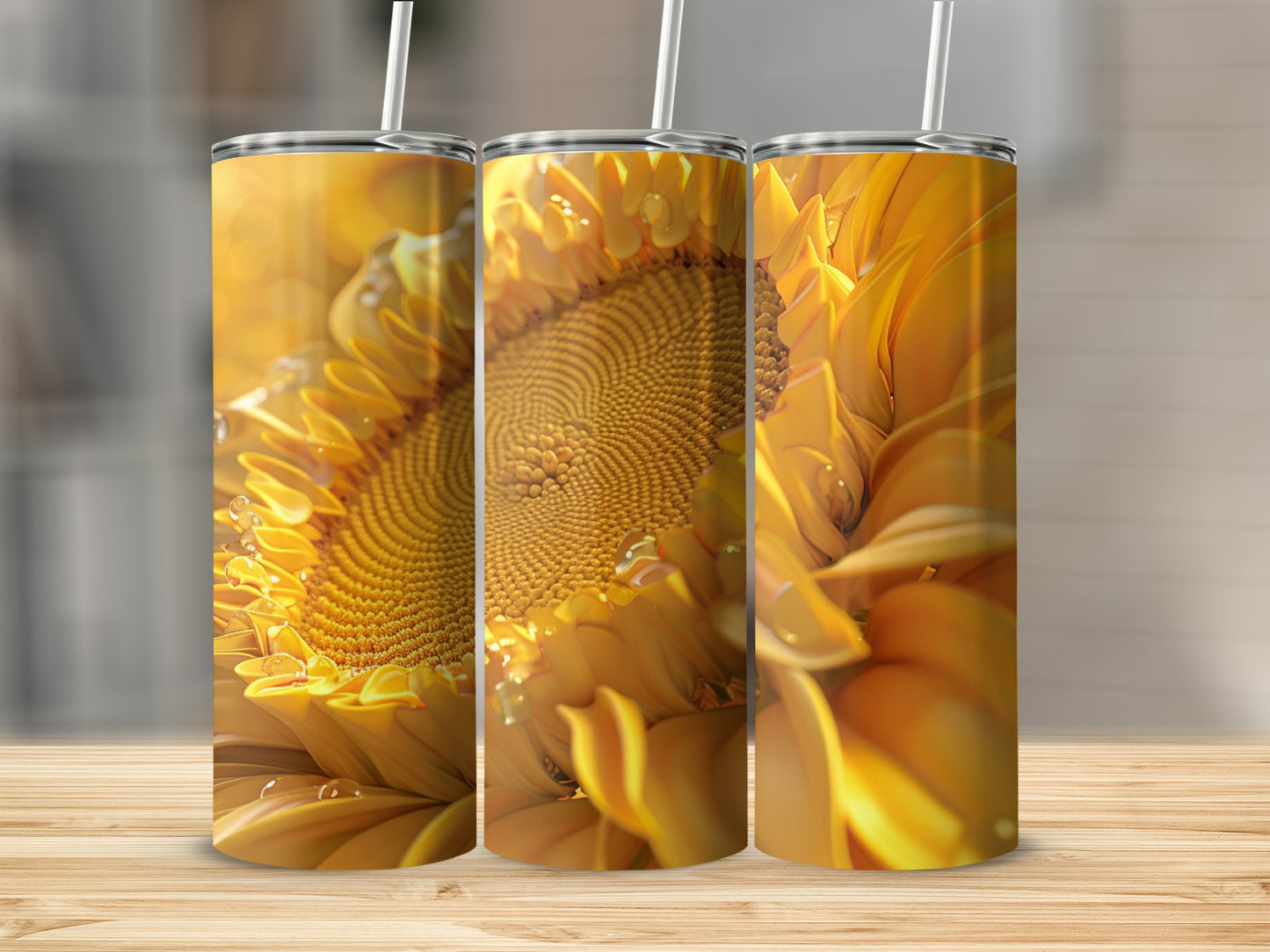 Three tumblers featuring a close-up of a yellow sunflower with water droplets.