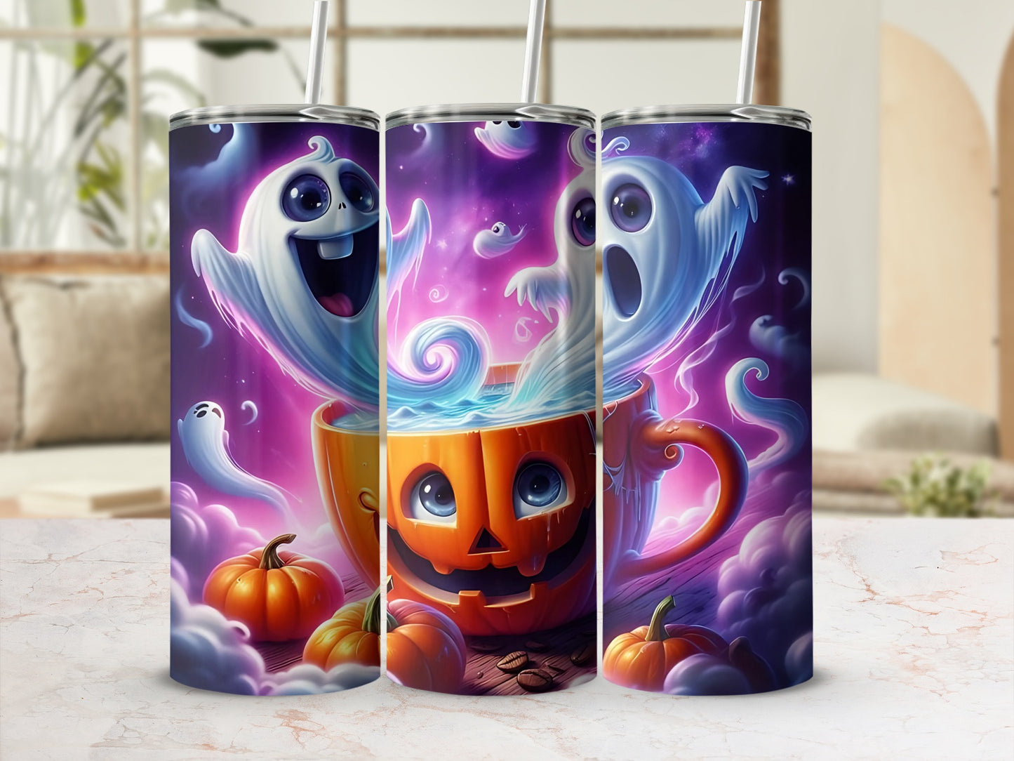 Three tumblers with Halloween ghosts, pumpkins, and a jack-o'-lantern mug design.