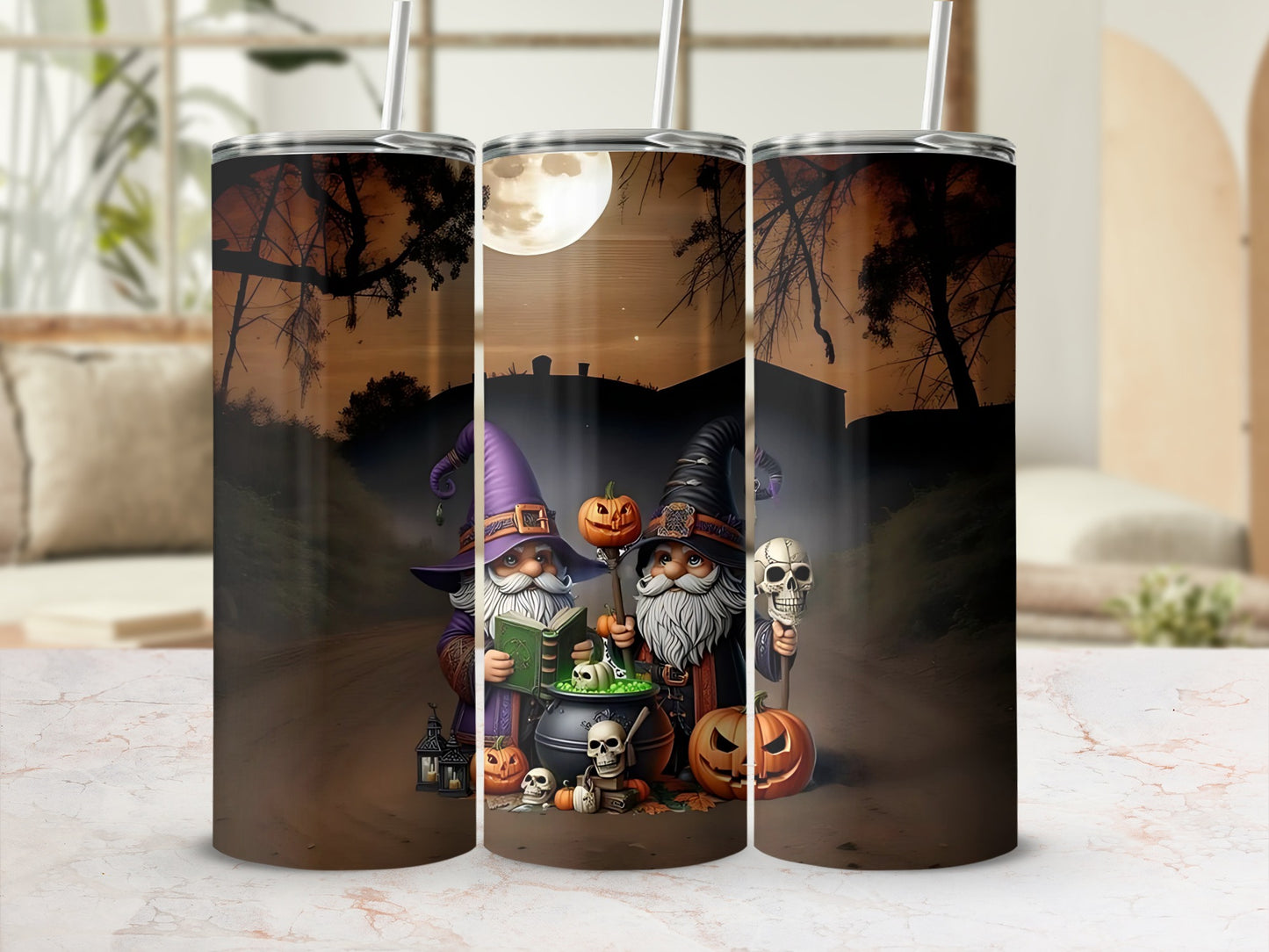 Two gnomes in Halloween costumes hold a book, skull, and pumpkin on a path under a full moon.