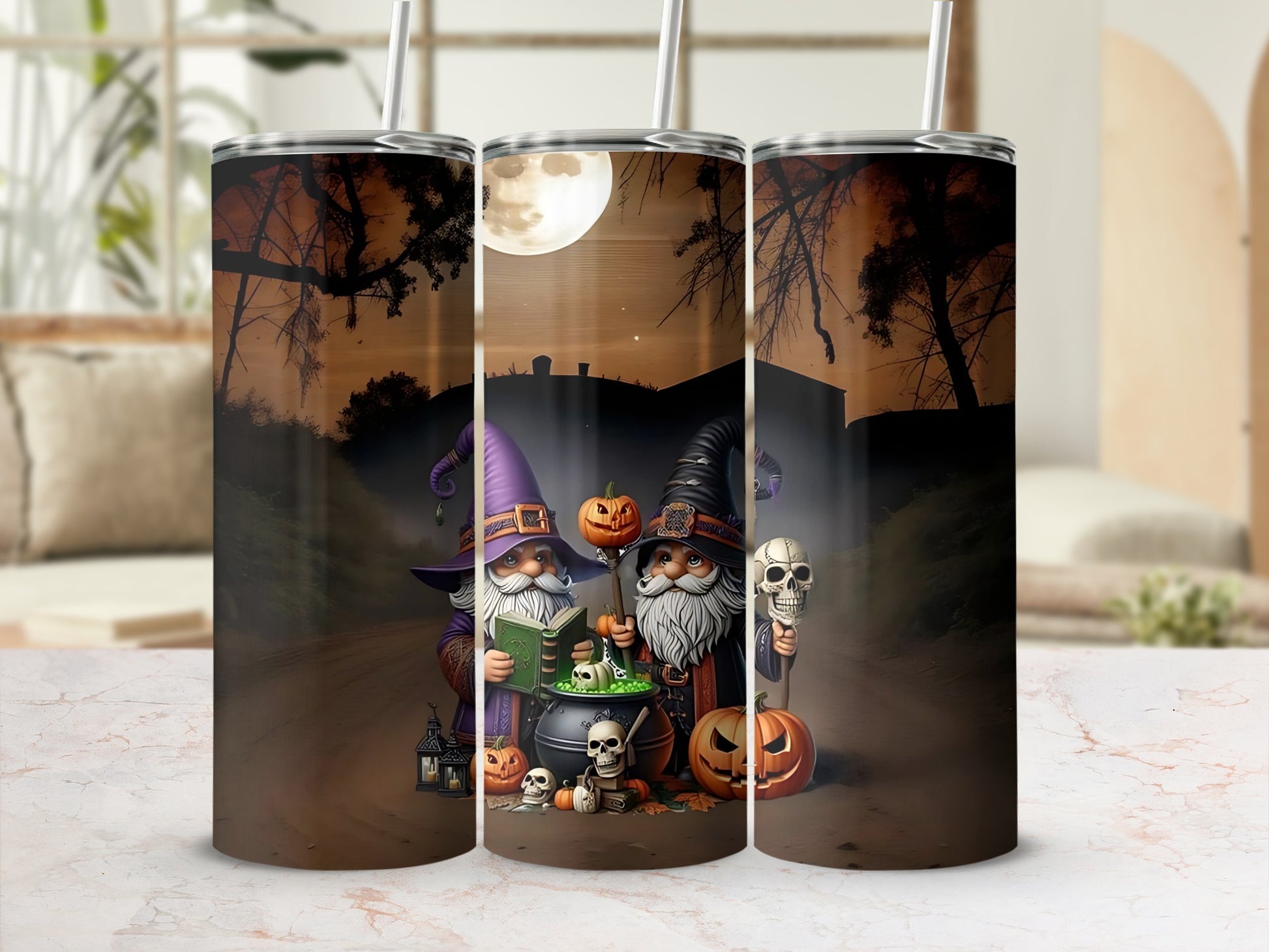 Two gnomes in Halloween costumes hold a book, skull, and pumpkin on a path under a full moon.
