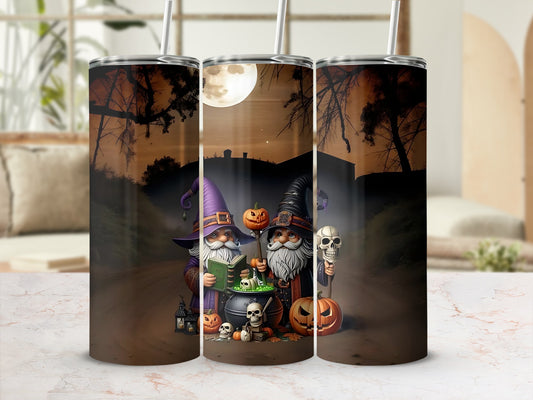 Two gnomes in Halloween costumes hold a book, skull, and pumpkin on a path under a full moon.