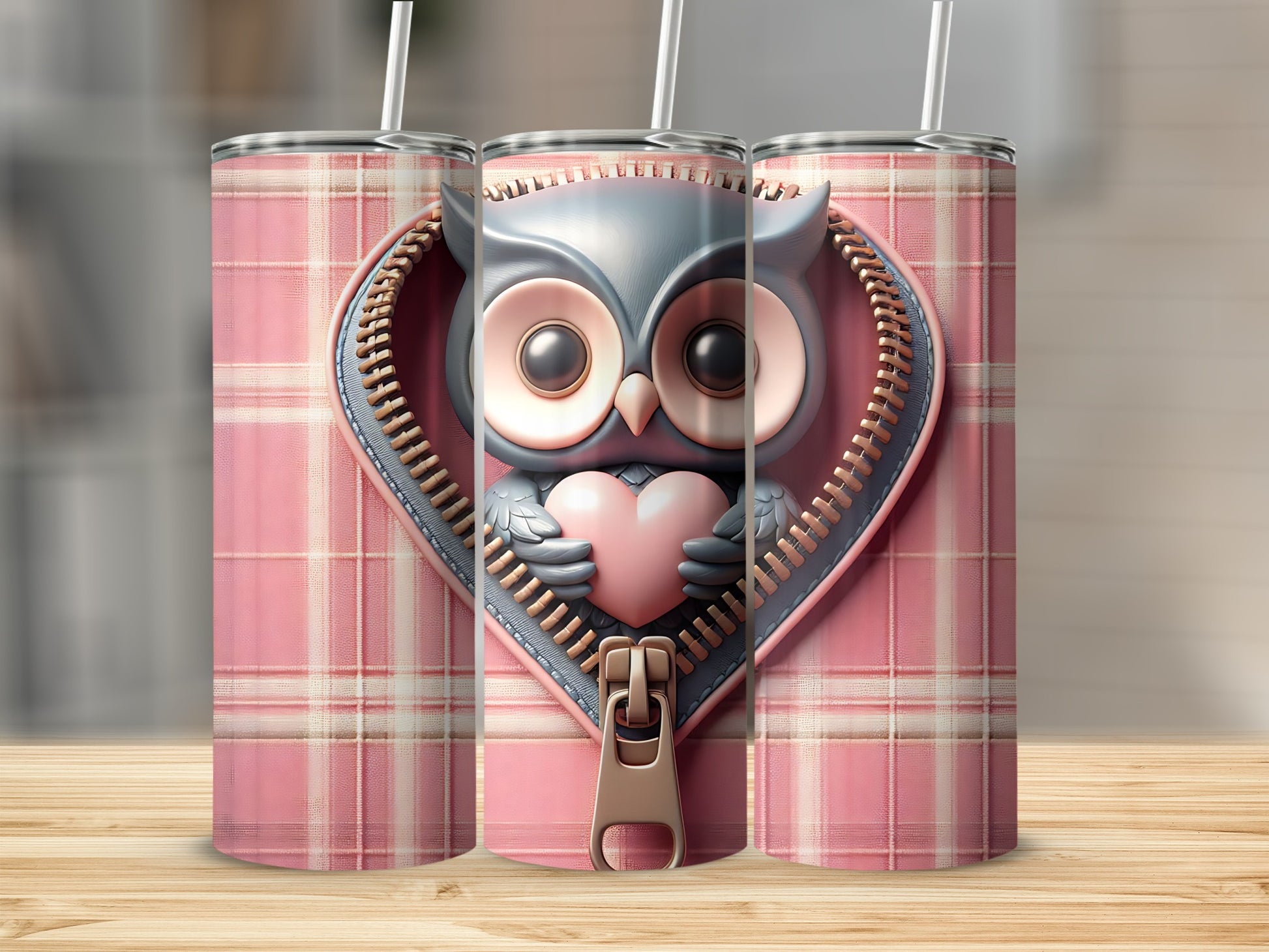 Pink plaid tumbler with zipper revealing an owl holding a heart.
