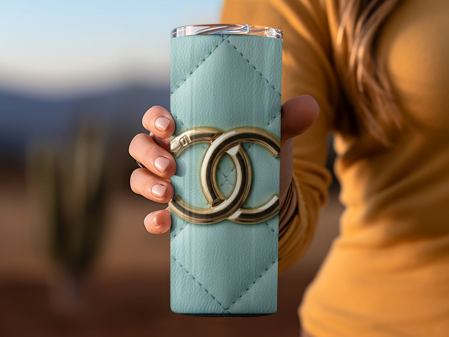 Gold Logo On Teal Quilted Surface Design Tumblers