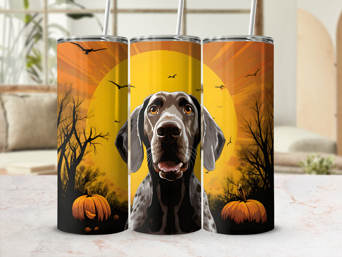 German Shorthaired Pointer on Halloween tumblers with pumpkins and flying birds.
