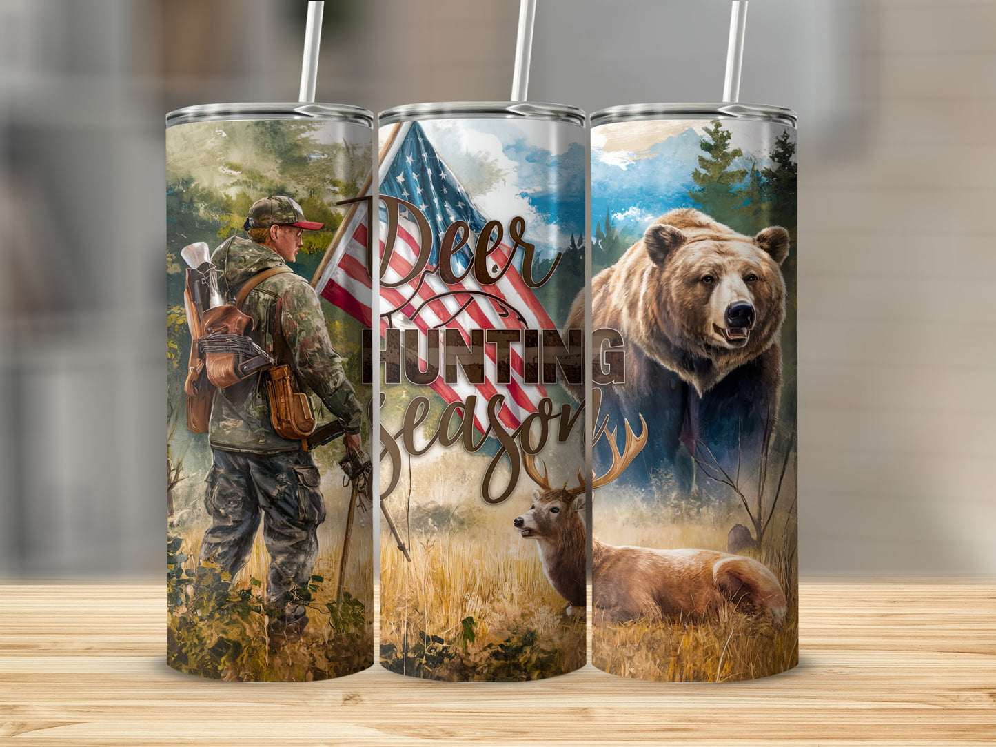 Deer hunting season tumbler with hunter, flag, bear, and deer in a forest scene.