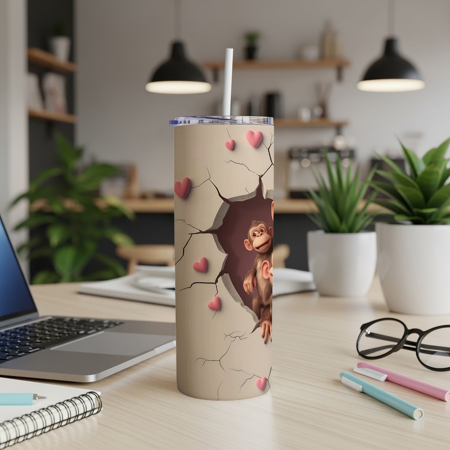 Beige tumbler with cracked design and two monkeys peeking through.