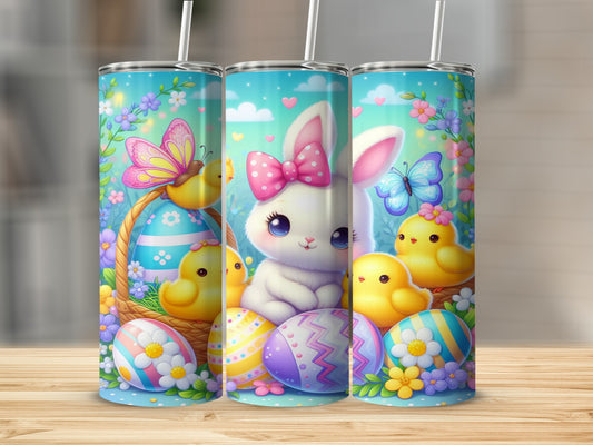 Easter bunny with chicks and decorated eggs in a spring scene.