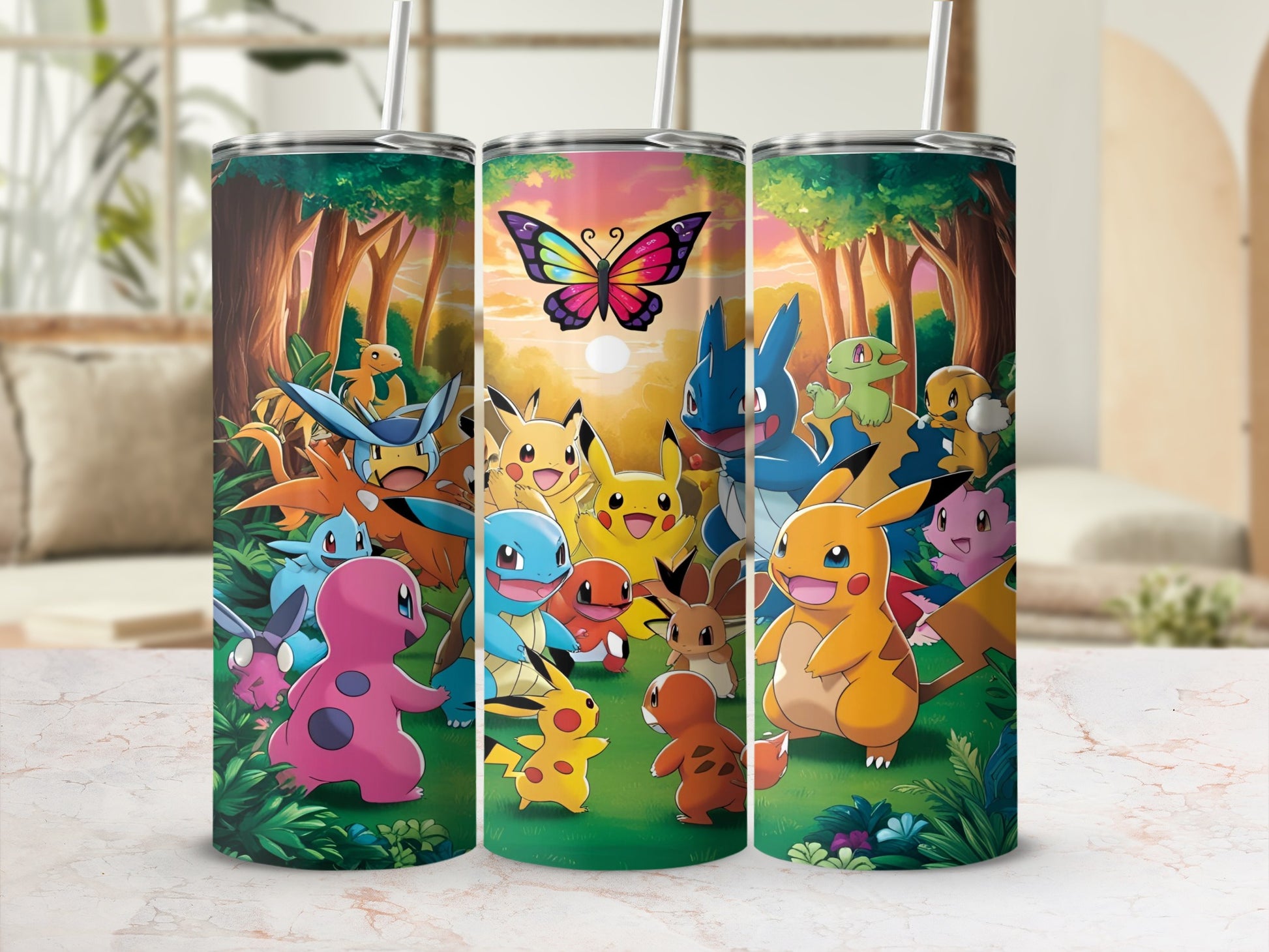 Pokemon characters and a butterfly on a colorful tumbler design.