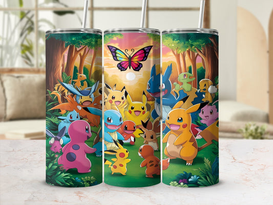 Pokemon characters and a butterfly on a colorful tumbler design.