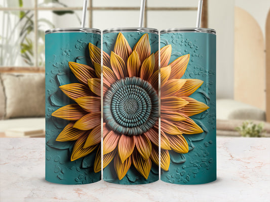 Three teal tumblers featuring a raised, textured sunflower design.