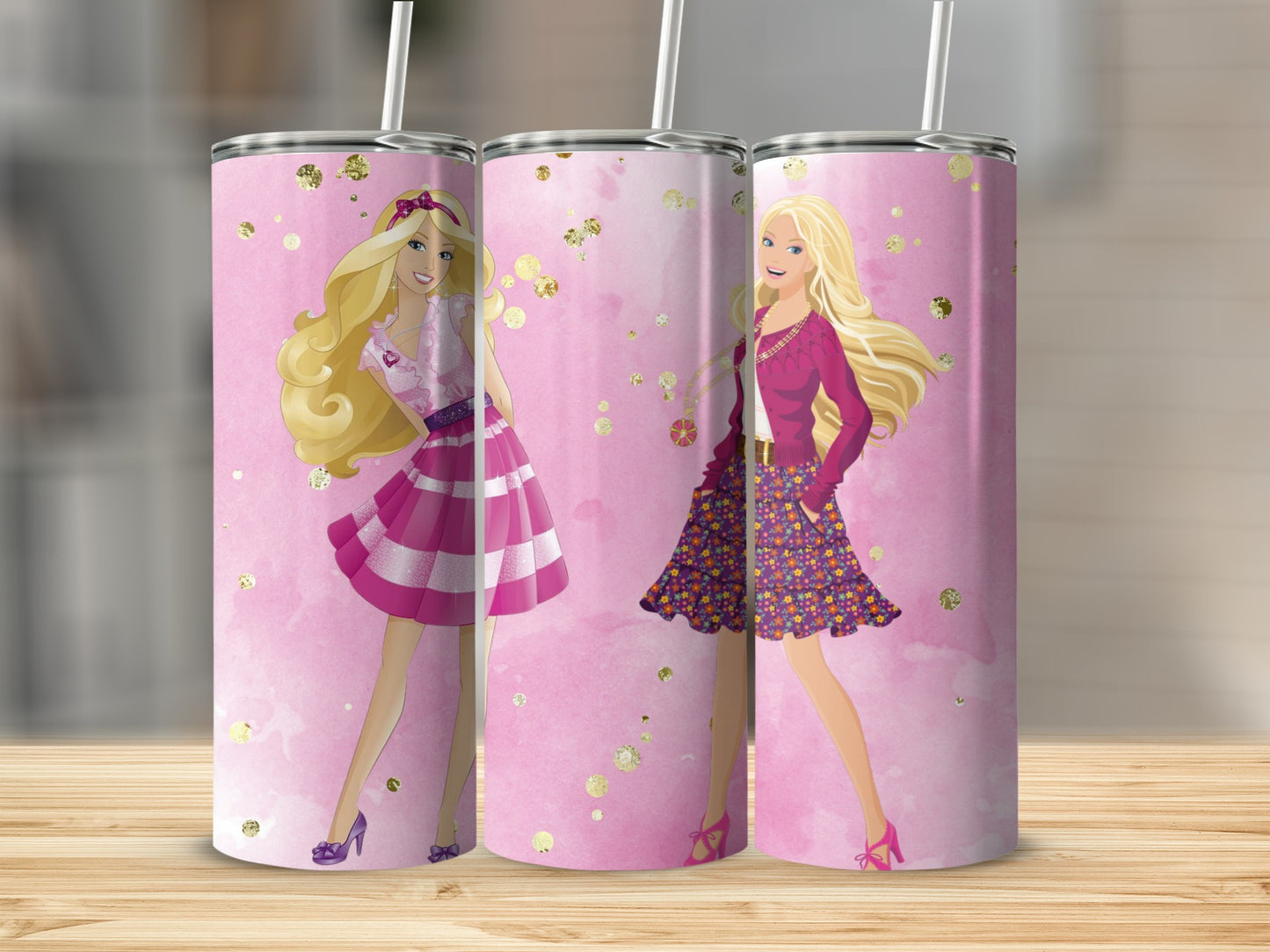 Barbie Girls on Pink Background With Gold Confetti Tumblers