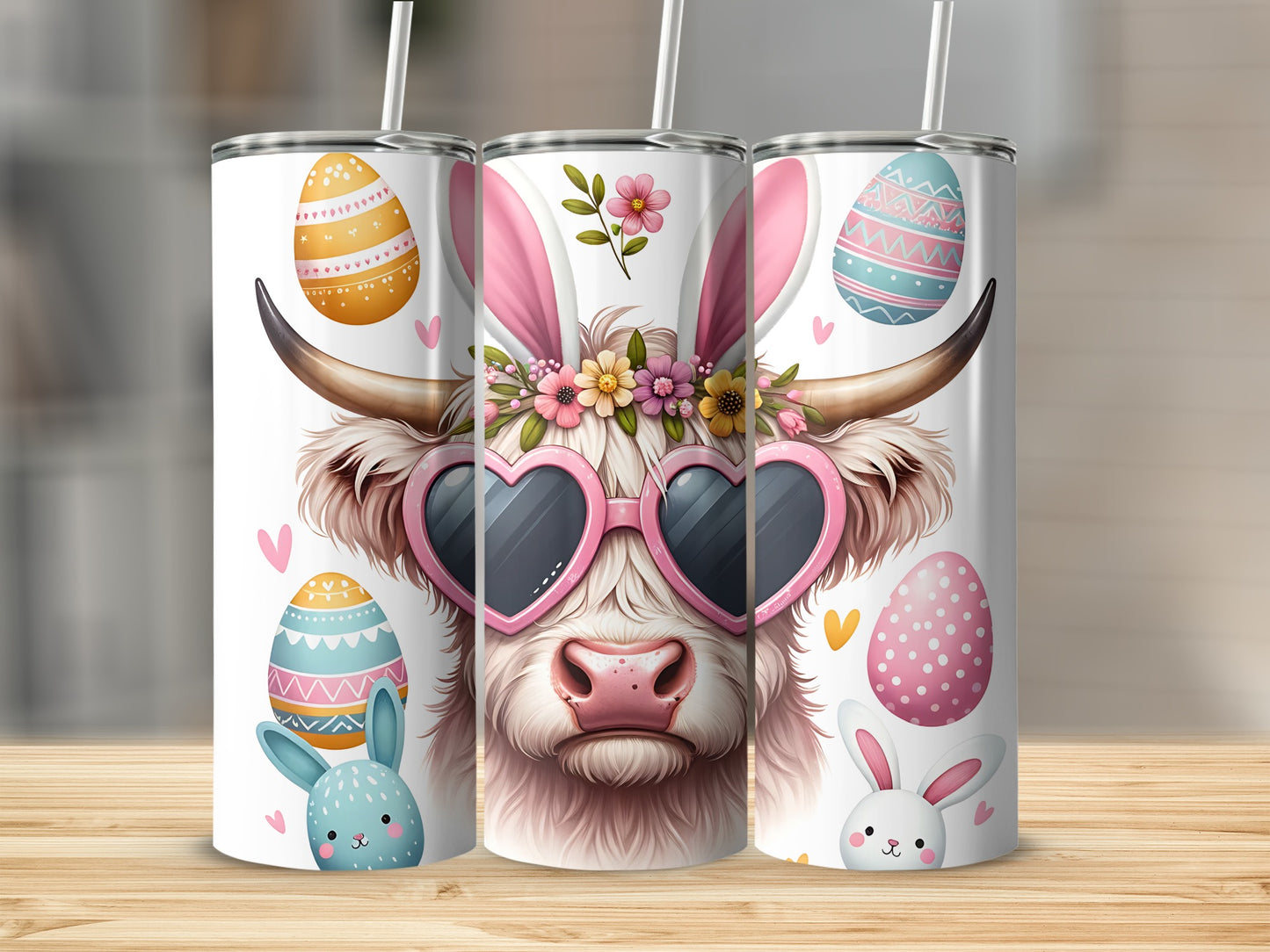 Highland cow with bunny ears and heart sunglasses, Easter eggs.