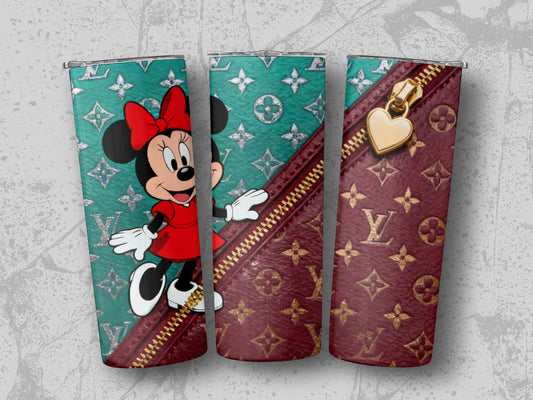 Minnie Mouse on teal background next to a gold zipper and LV pattern.