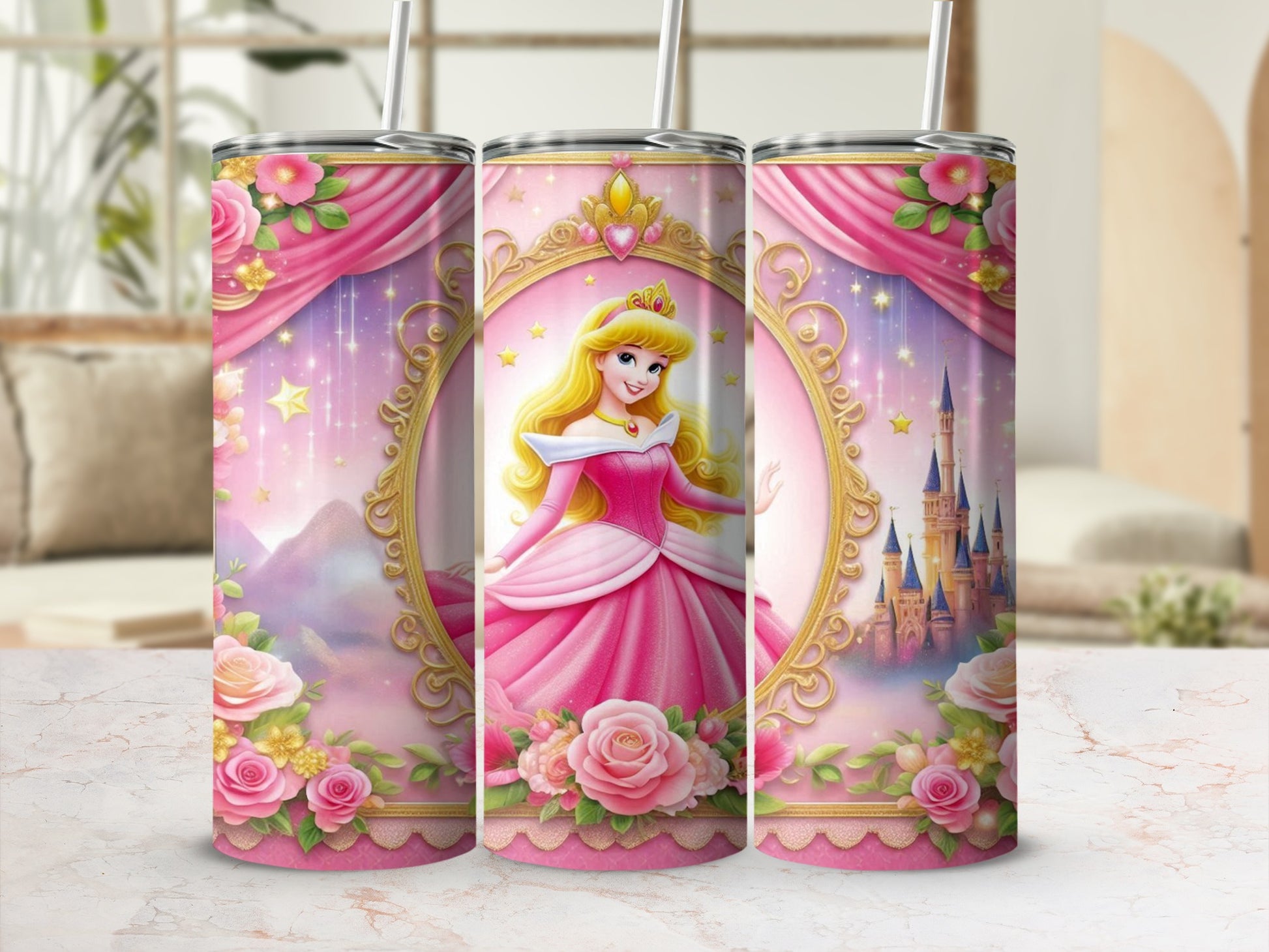 Princess Aurora in a pink gown, surrounded by roses and a castle backdrop.